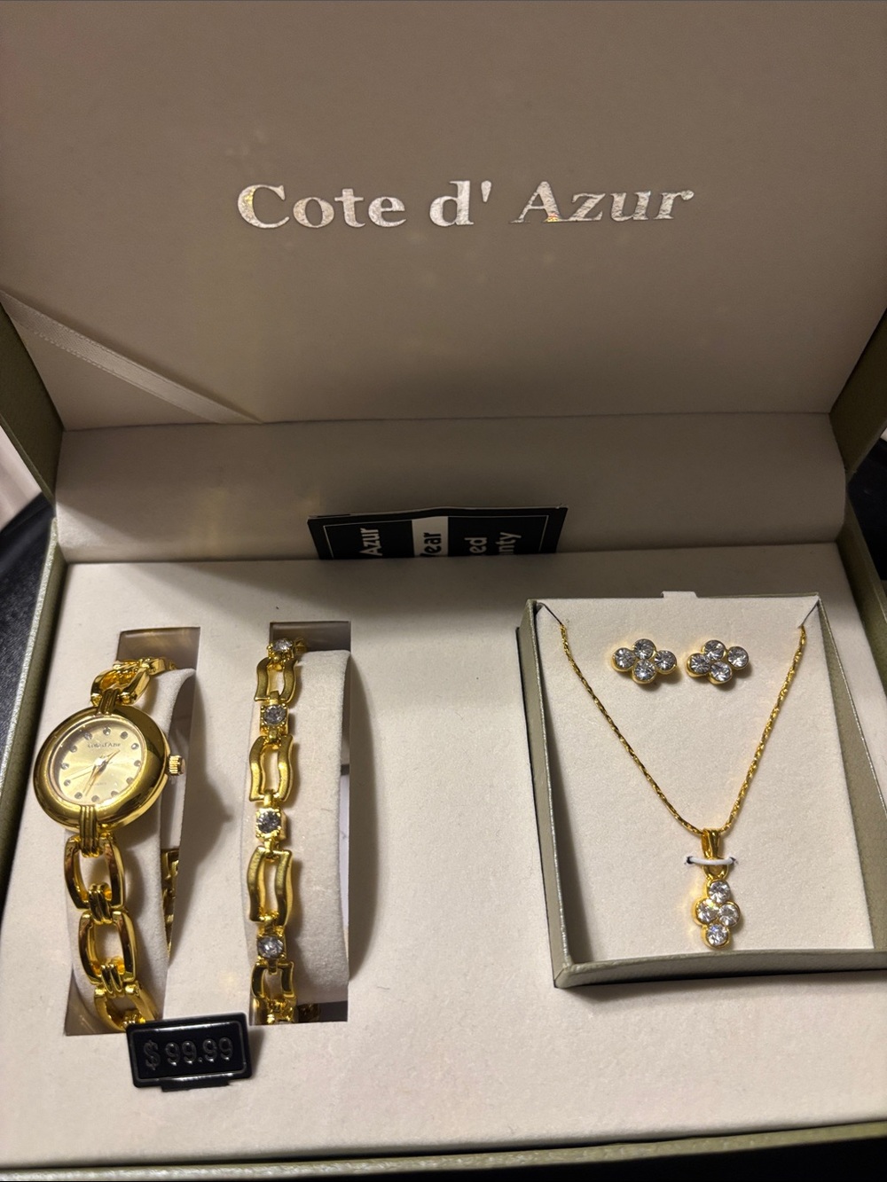 Vintage Gold Watch and Jewelry Set with Crystal Accents. NON Working